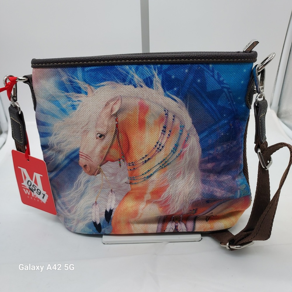 Montana West Horse Graphic Crossbody Bag Brown Striped Canvas Western Purse